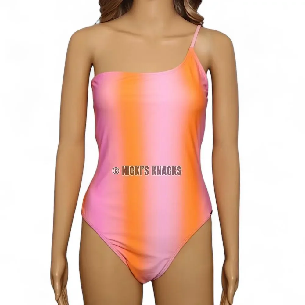 Kendall & Kylie One Shoulder Swimsuit Gradient Pink Orange Tie Dye Size L